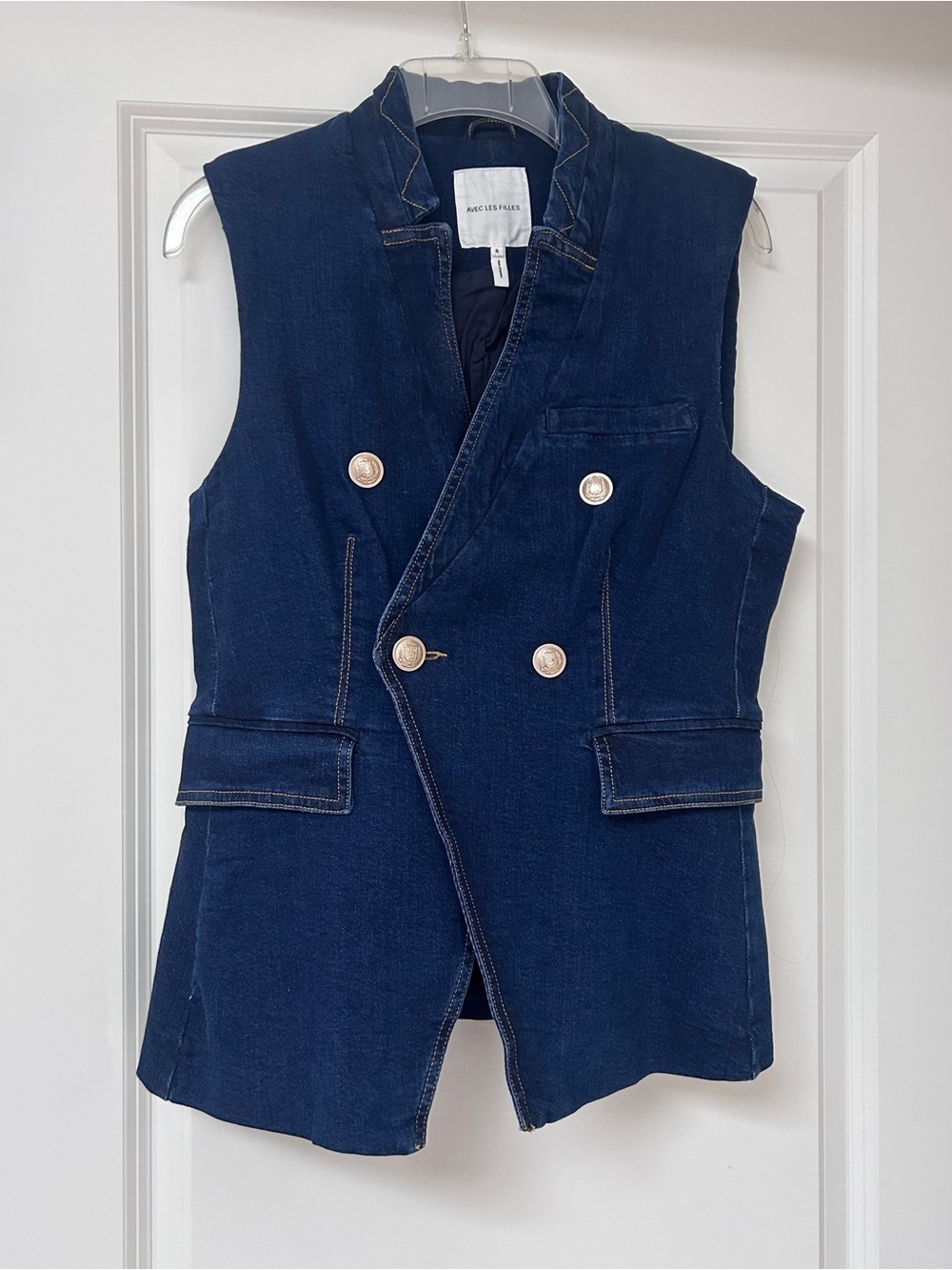 Avec Les Filles Navy Double-Breasted Denim Vest with Gold Buttons - Like New!